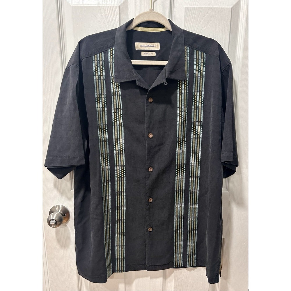 Tommy Bahama Black Short Sleeve Button-Down Shirt with Green Stripe Panels